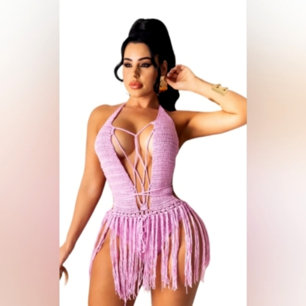 COPY - Gorgeous Pink Crochet Bodysuit/dress with Tassels, Halter Top and Open …